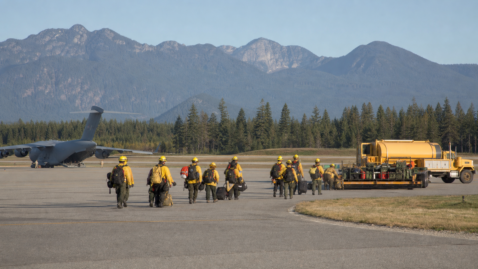 Wildfire-response personnel arriving at a mountain airport